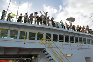 The Expedition 340 science party assembled on the main deck as we set sail for the Lesser Antilles.